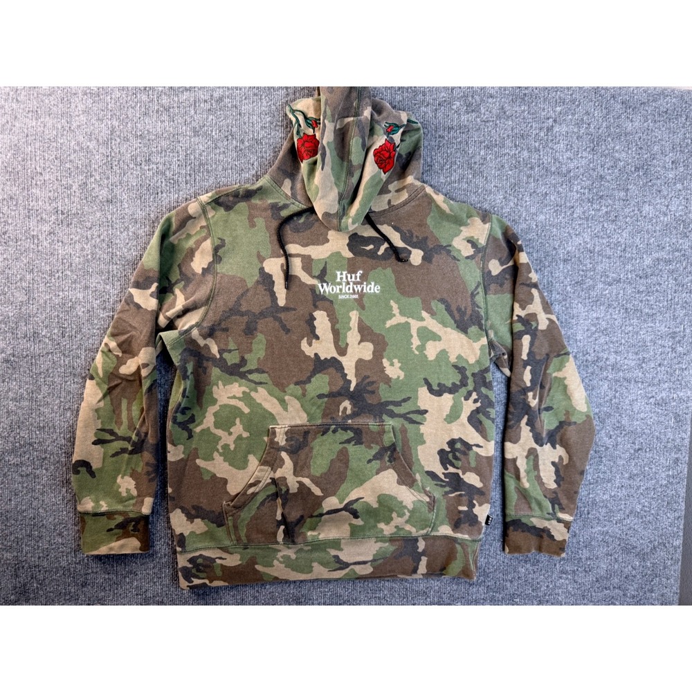 Huf Worldwide Mens Large Camo Hoodie Snake Rose Embroidered Pullover Sweatshirt